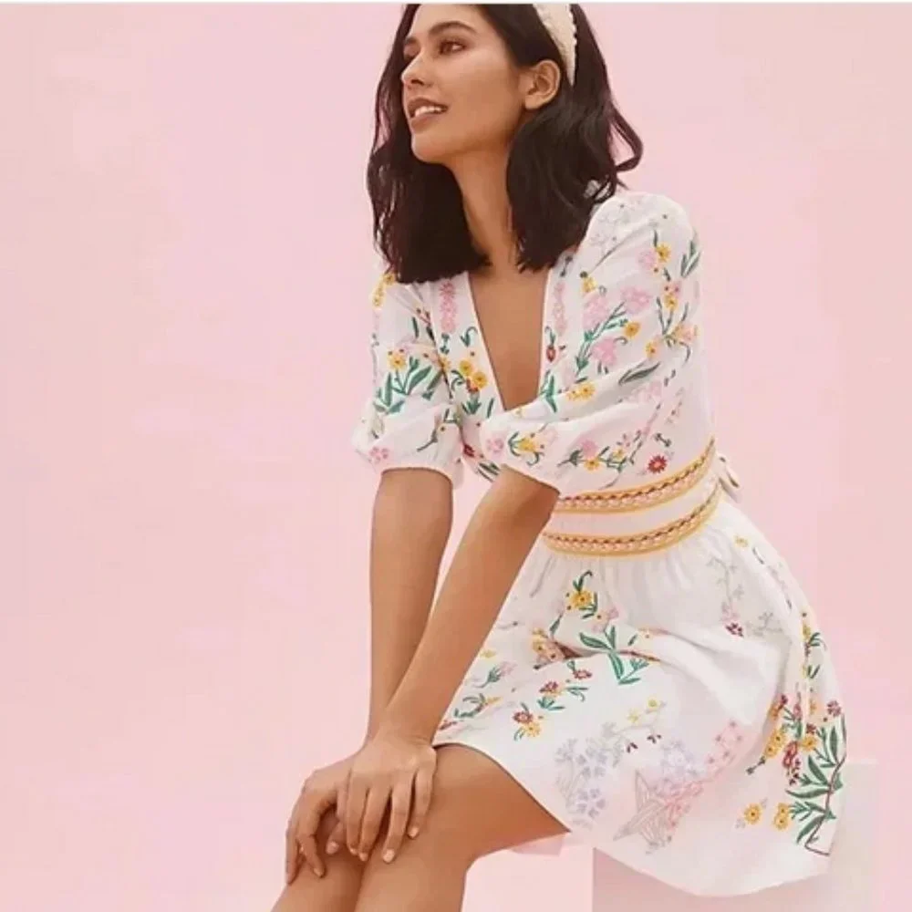 Anthropologie Deep-V Floral Embroidered Mini Dress Size 2XL White - Picture 11 of 13